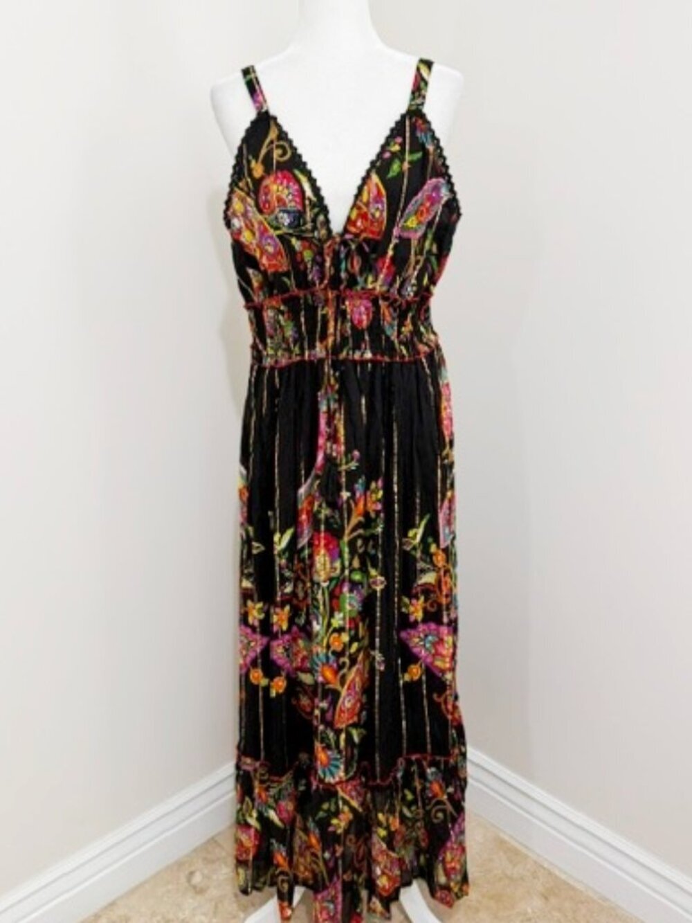 Me 2 Magic Anthropologie Sleeveless Maxi Boho Dress Black Floral Size 2X